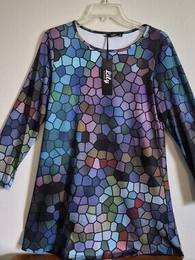 Lily Stained-Glass Mosaic Long-Sleeve Top — Blue, Purple, Green
